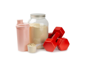 Protein powder.protein shake isolated on white background.Shaker bottle with protein.Food...
