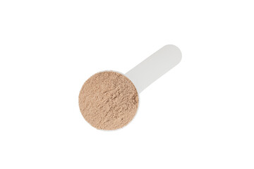 Protein powder.protein shake isolated on white background.Shaker bottle with protein.Food supplement.Whey protein powder with shaker for mixing.Sports nutrition.Concept of sports and healthy lifestyle
