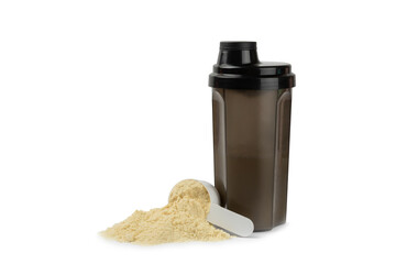 Protein powder.protein shake isolated on white background.Shaker bottle with protein.Food supplement.Whey protein powder with shaker for mixing.Sports nutrition.Concept of sports and healthy lifestyle