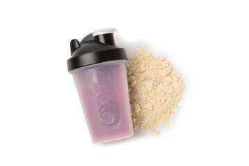 Protein powder.protein shake isolated on white background.Shaker bottle with protein.Food supplement.Whey protein powder with shaker for mixing.Sports nutrition.Concept of sports and healthy lifestyle