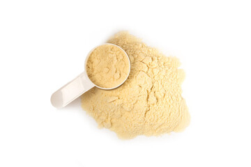 Protein powder.protein shake isolated on white background.Shaker bottle with protein.Food supplement.Whey protein powder with shaker for mixing.Sports nutrition.Concept of sports and healthy lifestyle