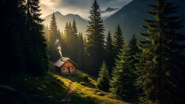 Cozy wooden cabin nestled in a sunlit forest clearing with smoke rising from chimney, evoking tranquility and rustic charm. - Powered by Adobe