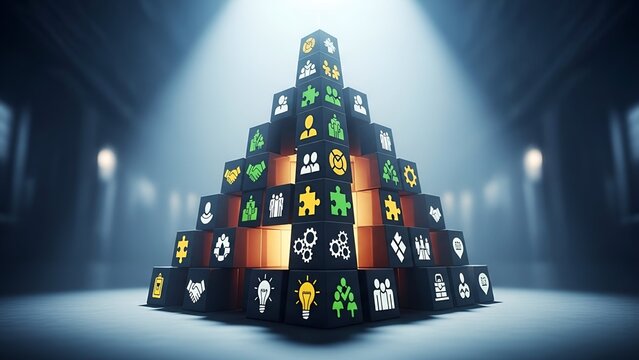 Dynamic pyramid structure built from cubes displaying diverse business icons symbolizing growth, teamwork, and innovation