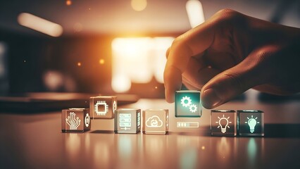 Strategizing digital transformation with glowing technology icons on cubes, building innovative solutions for future success