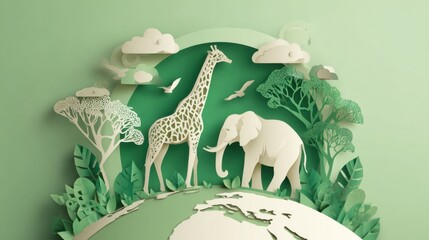 Fototapeta premium In a stunning paper craft landscape, a giraffe and an elephant stand gracefully amid lush greenery, symbolizing wildlife conservation and the beauty of our planet.
