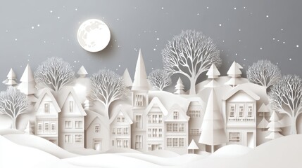 Fototapeta premium In a quiet village, delicate paper-cut houses and trees shimmer under the soft glow of a full moon, while snow blankets the landscape, creating a peaceful winter atmosphere.