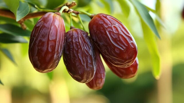 Cluster of ripe brown dates hanging from a palm tree branch in natural outdoor sunlight