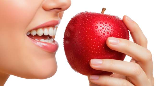 Fresh Red Apple Close-Up with Woman About to Bite Showing Water Droplets and Smile — Healthy Eating, Fresh Produce, Lifestyle Food Photography on White Background