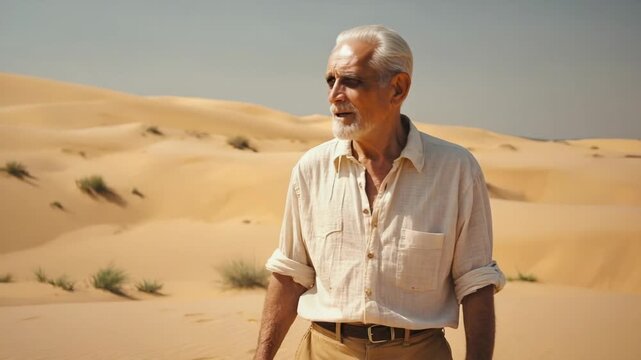 Elderly man with white hair and beard standing in a vast desert, looking thoughtful, conveying themes of solitude, journey, and the challenges of an arid environment under a clear sky