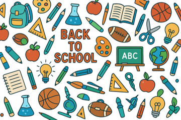 Colorful Back to School Pattern with Educational Supplies and Sports Equipment