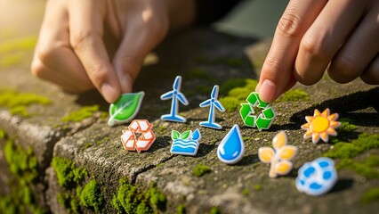 Hands arranging vibrant eco friendly symbols like leaves wind turbines recycle signs and water drops on mossy stone outdoors