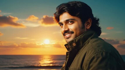 Young man smiling, looking at the camera, finding happiness and peacefulness during a beautiful golden sunset over the tranquil ocean, enjoying nature