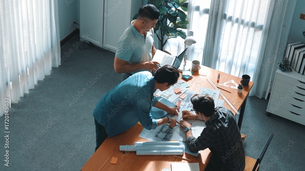 Poster time lapse of civil engineer team working together to plans building construction. top view of archi