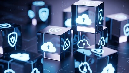 Secure cloud data concepts represented by glowing cubes with shield and lock icons in a dark digital environment