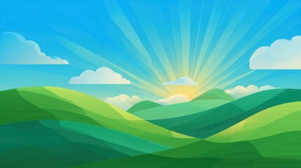 Obraz premium Golden rays of sunlight burst from the horizon, illuminating lush green hills while fluffy clouds drift across the brilliant blue sky, creating a serene atmosphere at dawn.