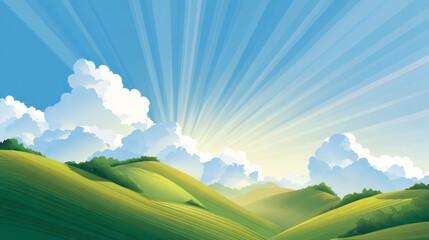 Warm sunlight spills across lush green hills, illuminating the vibrant landscape. Towering clouds drift lazily, bathing the scene in tranquil beauty at dawn.