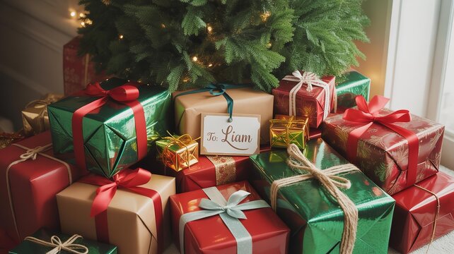 A christmas tree with many presents underneath it and a tag that says to liam on one of the gifts