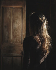 Woman standing in front of a closed wooden door