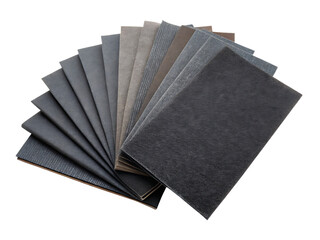 Fan of Textured Paper Swatches in Shades of Gray and Brown sample material isolated on a transparent background