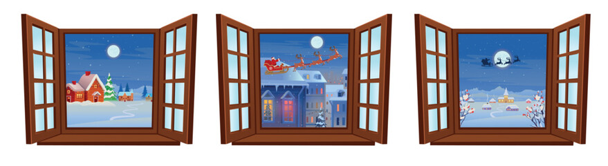 Set of wooden vector windows. Christmas window. Christmas Open Window Set.  Christmas tree, Christmas Village. Set of decorations vector.