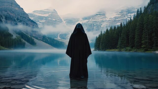 Hooded figure in a dark robe standing in misty moraine lake waters, evoking death, mystery and solitude against snowy peaks, pine forest and moody blue mountains