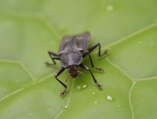 Close up detailed view of dark beetle on green leaf surface