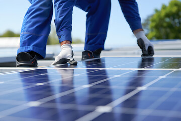 Obraz premium Close up of a worker in blue overalls installing solar panels on a rooftop under a clear sky