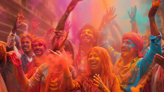 Group of people celebrating Holi with colorful powders, smiling and enjoying the vibrant festival of colors in India