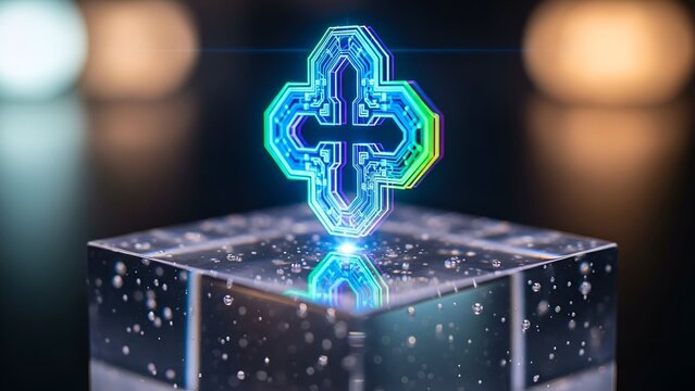 Glowing futuristic cross hologram inside glass cube with neon light
