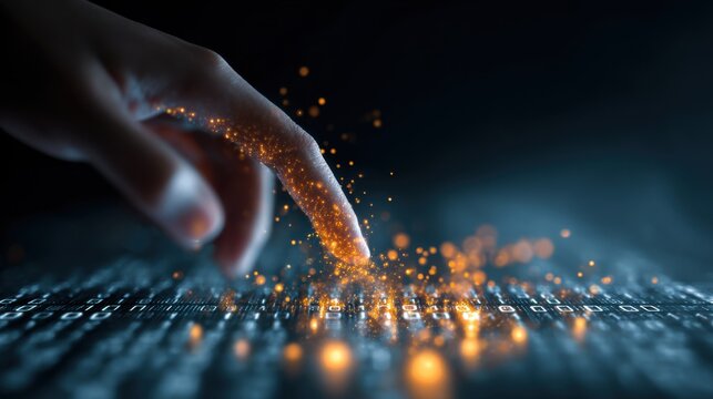 finger touches glowing digital code