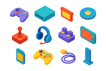 Colorful isometric gaming icons set featuring controllers, consoles, and accessories
