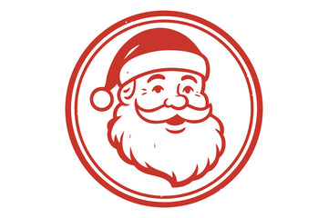Santa Claus face illustration in circular red stamp design for Christmas celebration. Clipart image.