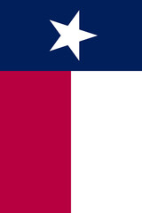 Vertical Texas flag with lone white star on blue background beside red and white panels. Clipart image.