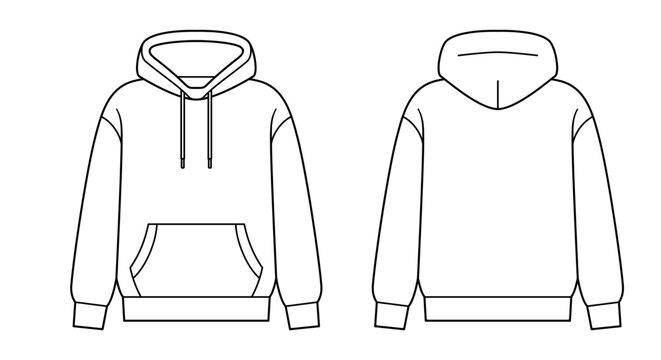 Vector illustration of hoodie in front and back views with minimal outline design. Clipart image isolated on background.