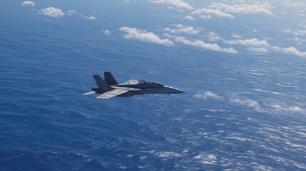 Obraz premium Fighter Jet Over Ocean Banking Sharply in Clear Blue Sky with Clouds