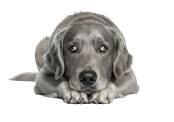 A gray dog with pensive expression rests its head on paws, showcasing gentle eyes and a contemplative mood.