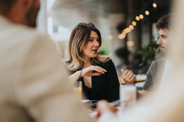 A group of young professionals discussed stimulating topics in a modern outdoor setting, reflecting...