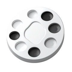 A circular, white palette with various shades of gray and white, ideal for color mixing or display.