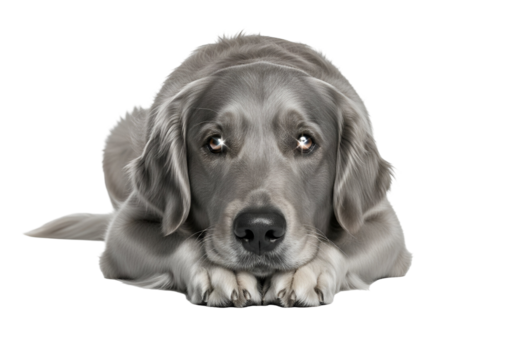 A gray dog with pensive expression rests its head on paws, showcasing gentle eyes and a contemplative mood.