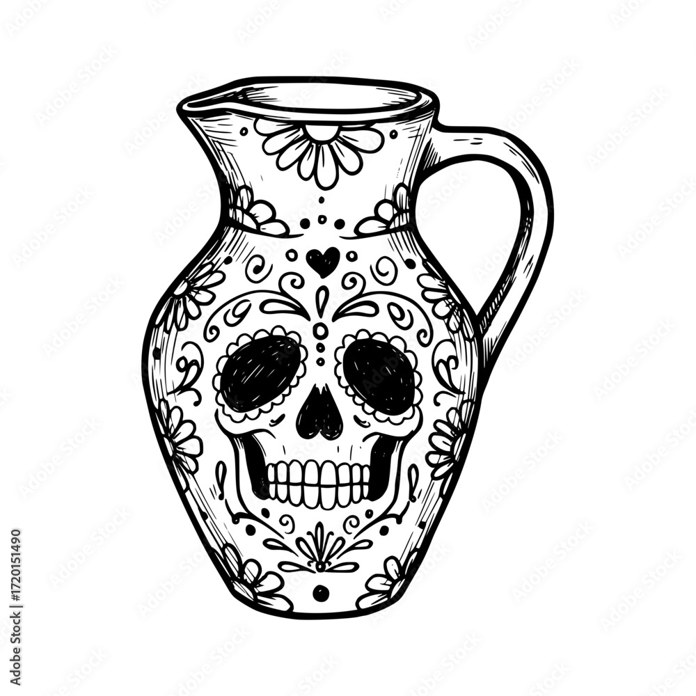 Poster decorative pitcher with skull design, concept of pencil drawing on the theme of the day of the dead,