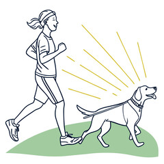 Vector art of a cheerful woman enjoys a morning jog with her loyal dog, the suns rays adding warmth to their exercise, the scene captures the joy of outdoor activity and companionship
