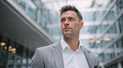 Fototapeta premium A sharp-dressed man stands confidently amidst sleek glass architecture, embodying professionalism and ambition. His expression hints at determination in a vibrant urban landscape.