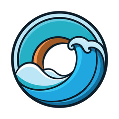 Stylized circular emblem featuring a breaking ocean wave and sunset horizon