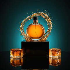 Luxurious amber perfume bottle with copper cap, dramatic water splash, golden reflections, ice accents, teal backdrop