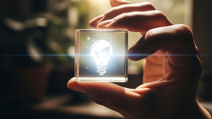 Hand holding glowing transparent cube with illuminated light bulb icon symbolizing futuristic innovation and creative ideas