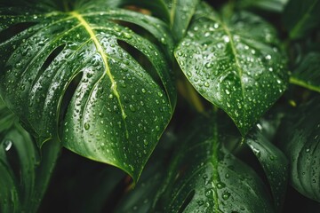 Glossy Monstera leaves lush green with water droplets filling the frame