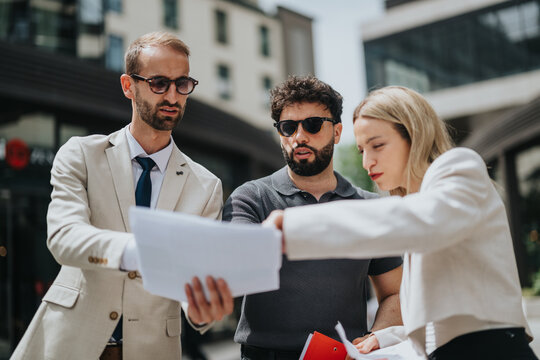 A team of three diverse professionals discussing project details in an urban outdoor setting. - Powered by Adobe