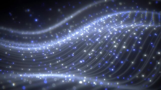 A futuristic abstract representation of wavy blue lines with glowing particles and connections