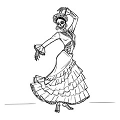 Skeleton woman dancing in traditional dress celebrating Day of the Dead, pencil drawing, isolated vector image on a transparent background
  