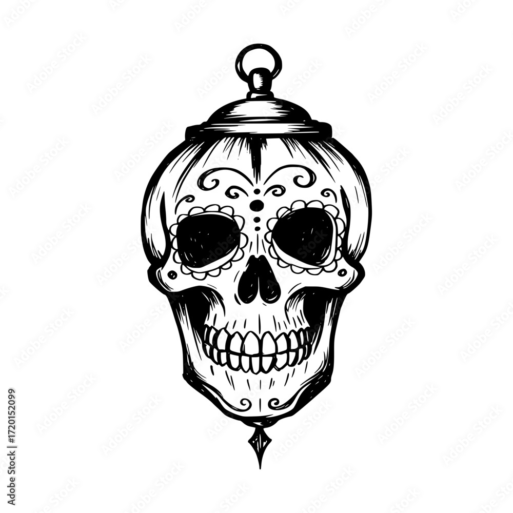 Poster skull lantern design with decorative patterns in detailed pencil drawing on the theme of the day of 